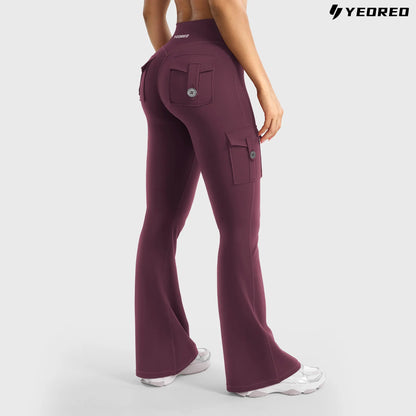 YEOREO Coreflex Women'S Workout Flare Leggings with Pockets Hidden Scrunch High Waisted Cargo Gym Yoga No Front Seam Leggings Flared Joggers Fitness Outfit Camouflage Sports Pants 75% Nylon 25% Spandex Springstatements