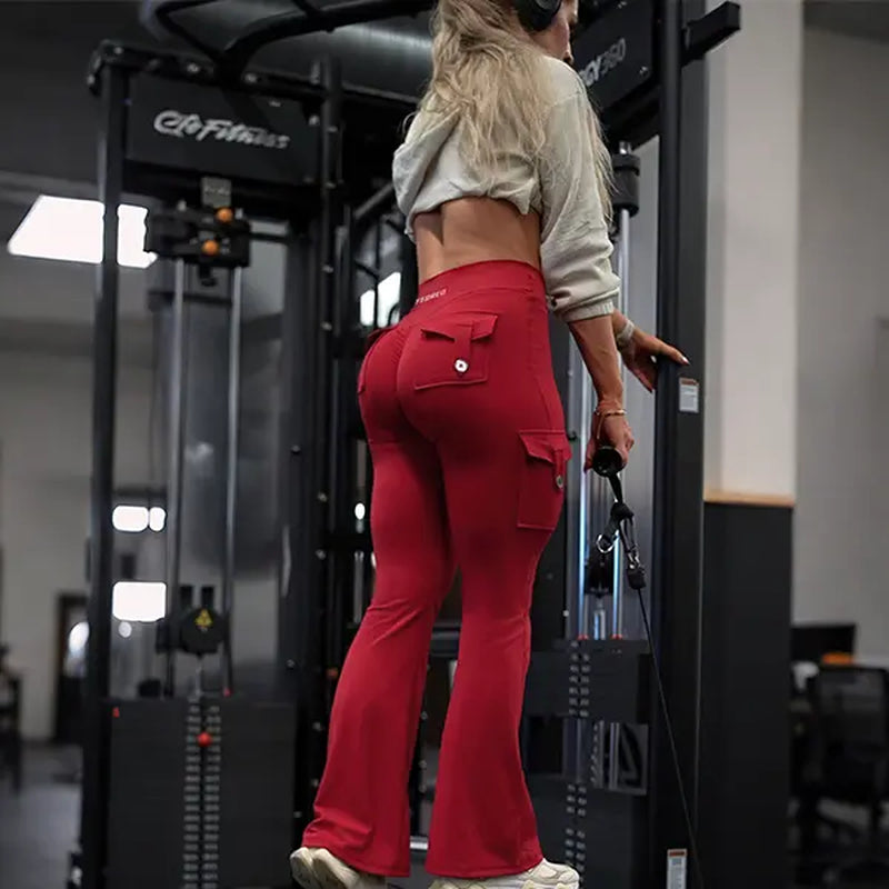 YEOREO Coreflex Women'S Workout Flare Leggings with Pockets Hidden Scrunch High Waisted Cargo Gym Yoga No Front Seam Leggings Flared Joggers Fitness Outfit Camouflage Sports Pants 75% Nylon 25% Spandex Springstatements