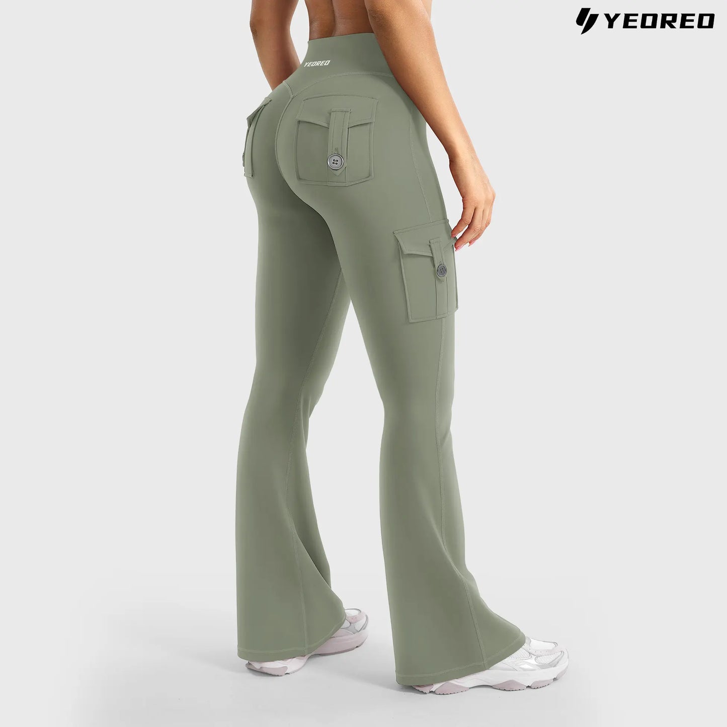 YEOREO Coreflex Women'S Workout Flare Leggings with Pockets Hidden Scrunch High Waisted Cargo Gym Yoga No Front Seam Leggings Flared Joggers Fitness Outfit Camouflage Sports Pants 75% Nylon 25% Spandex Springstatements