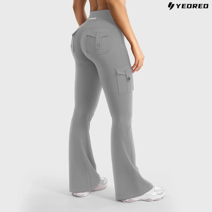 YEOREO Coreflex Women'S Workout Flare Leggings with Pockets Hidden Scrunch High Waisted Cargo Gym Yoga No Front Seam Leggings Flared Joggers Fitness Outfit Camouflage Sports Pants 75% Nylon 25% Spandex Springstatements