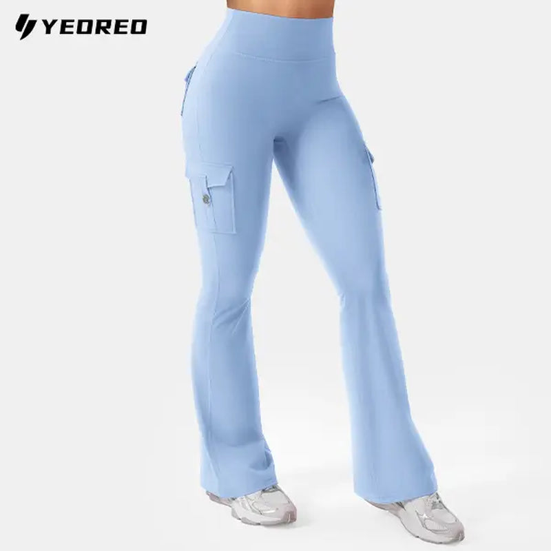 YEOREO Coreflex Women'S Workout Flare Leggings with Pockets Hidden Scrunch High Waisted Cargo Gym Yoga No Front Seam Leggings Flared Joggers Fitness Outfit Camouflage Sports Pants 75% Nylon 25% Spandex Springstatements