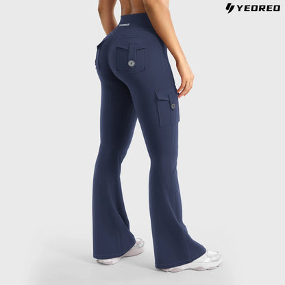 YEOREO Coreflex Women'S Workout Flare Leggings with Pockets Hidden Scrunch High Waisted Cargo Gym Yoga No Front Seam Leggings Flared Joggers Fitness Outfit Camouflage Sports Pants 75% Nylon 25% Spandex Springstatements