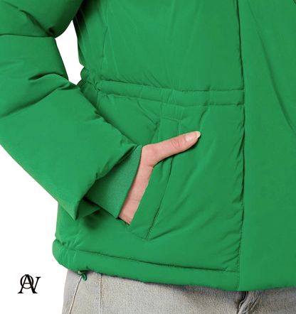 Water and snow resistant padded jacket for women in green color