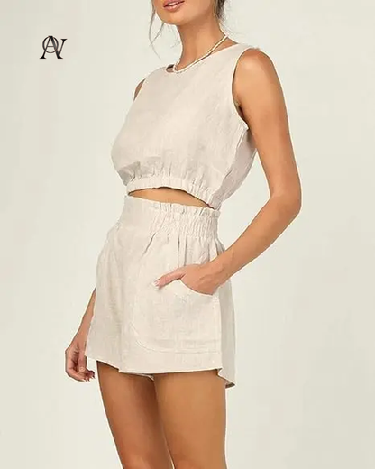 Women'S 2Pcs Summer Outfits Sleeveless Crop Tank Top and High Waist Pocketed Shorts Loose 2 Piece Short Sets