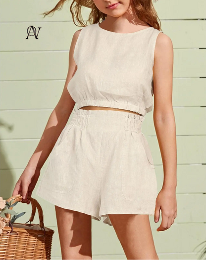 Women'S 2Pcs Summer Outfits Sleeveless Crop Tank Top and High Waist Pocketed Shorts Loose 2 Piece Short Sets