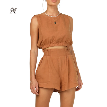 Women'S 2Pcs Summer Outfits Sleeveless Crop Tank Top and High Waist Pocketed Shorts Loose 2 Piece Short Sets