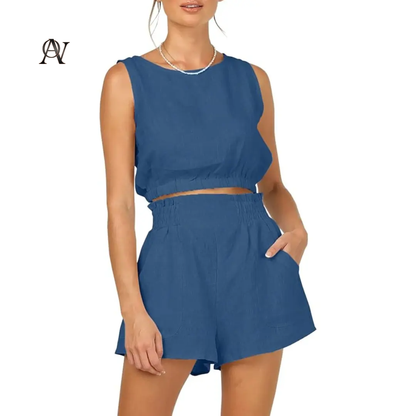 Women'S 2Pcs Summer Outfits Sleeveless Crop Tank Top and High Waist Pocketed Shorts Loose 2 Piece Short Sets