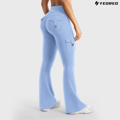 YEOREO Coreflex Women'S Workout Flare Leggings with Pockets Hidden Scrunch High Waisted Cargo Gym Yoga No Front Seam Leggings Flared Joggers Fitness Outfit Camouflage Sports Pants 75% Nylon 25% Spandex Springstatements