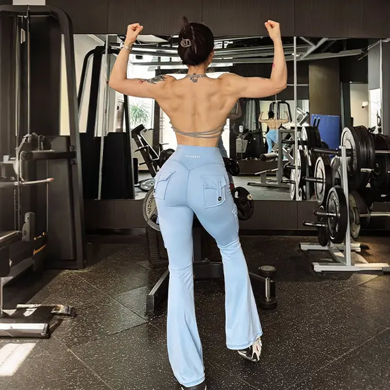 YEOREO Coreflex Women'S Workout Flare Leggings with Pockets Hidden Scrunch High Waisted Cargo Gym Yoga No Front Seam Leggings Flared Joggers Fitness Outfit Camouflage Sports Pants 75% Nylon 25% Spandex Springstatements