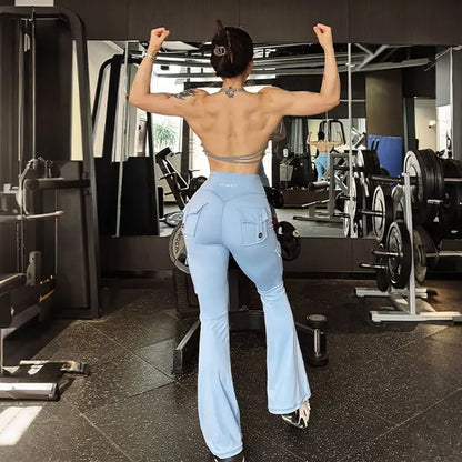 YEOREO Coreflex Women'S Workout Flare Leggings with Pockets Hidden Scrunch High Waisted Cargo Gym Yoga No Front Seam Leggings Flared Joggers Fitness Outfit Camouflage Sports Pants 75% Nylon 25% Spandex Springstatements