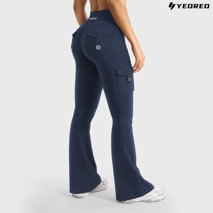 YEOREO Coreflex Women'S Workout Flare Leggings with Pockets Hidden Scrunch High Waisted Cargo Gym Yoga No Front Seam Leggings Flared Joggers Fitness Outfit Camouflage Sports Pants 75% Nylon 25% Spandex Springstatements